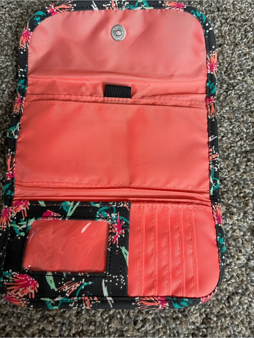 Kavu Black Trifold Wallet with Coral & Teal Floral Print